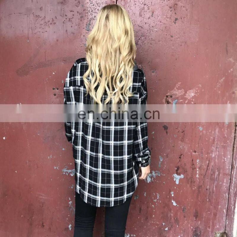 100% Viscose Deep V-neckline with Buttons Plaid Blouse for Lady