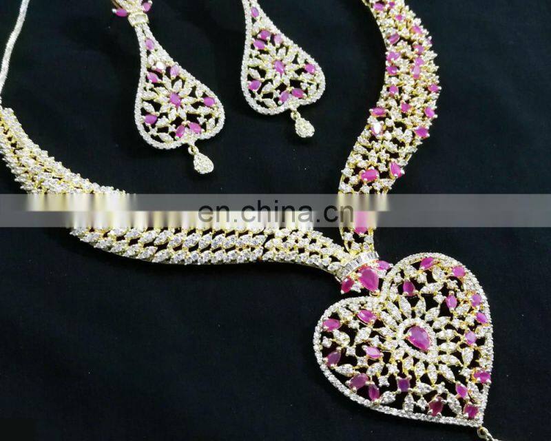 Pink Color Blossomy Heart Gold Plated American Diamond Jewelry Necklace Earrings Set
