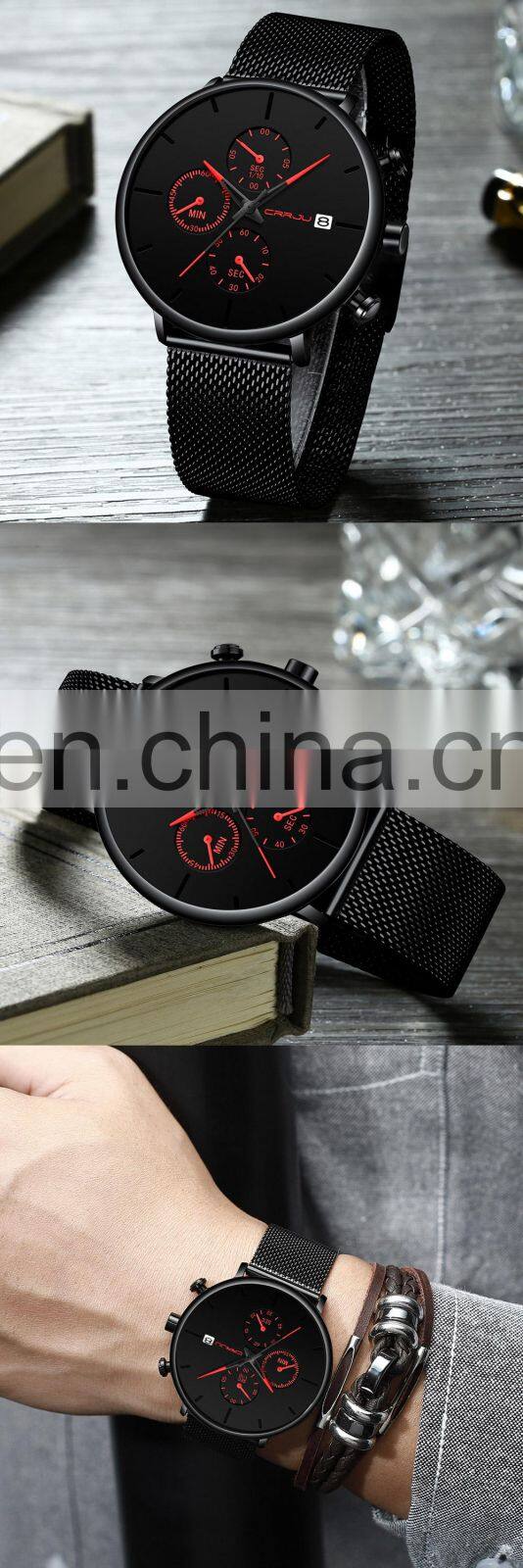 CRRJU 2268 Luxury Business Mesh Strap Watches Personalized Quartz Stainless Steel Calendar Male Watch