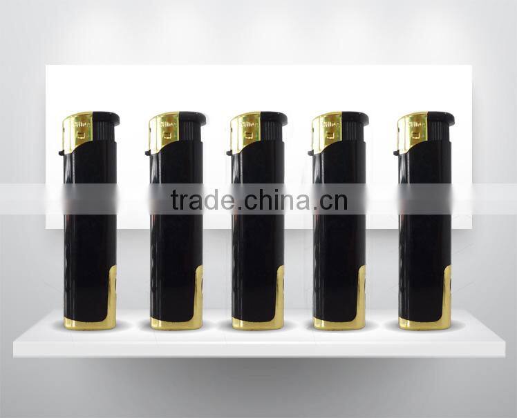 wholesale black color windproof electronic lighter, refillable cigarette lighter with led