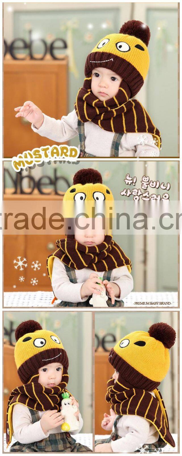 2015 Winter Newest Cute Eyes Embroidery Acrylic Stripe Knit Siamesed Two Piece Set Baby Hat and Scarf