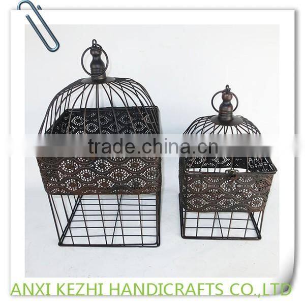 KZ150263 Antique Set of two Wrought Iron Metal Hanging Square Birdcage