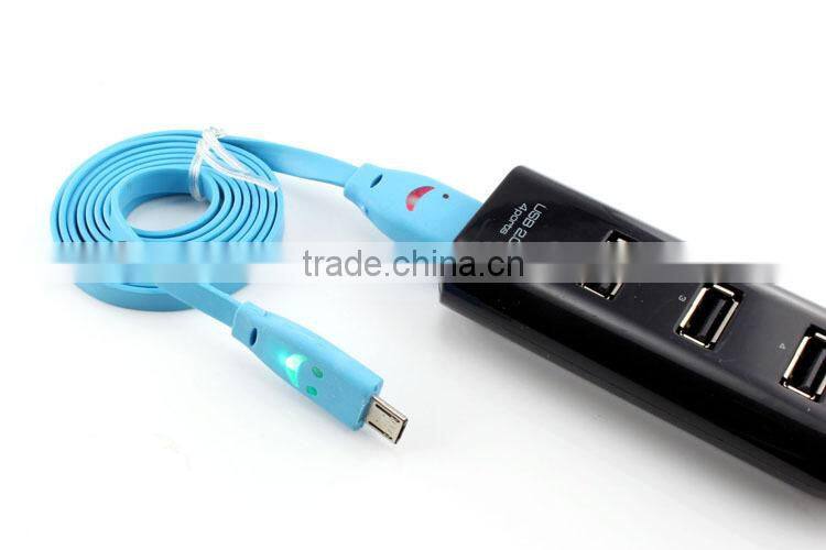 Hot sales flat noodle micro led smile face usb rope data charging cable