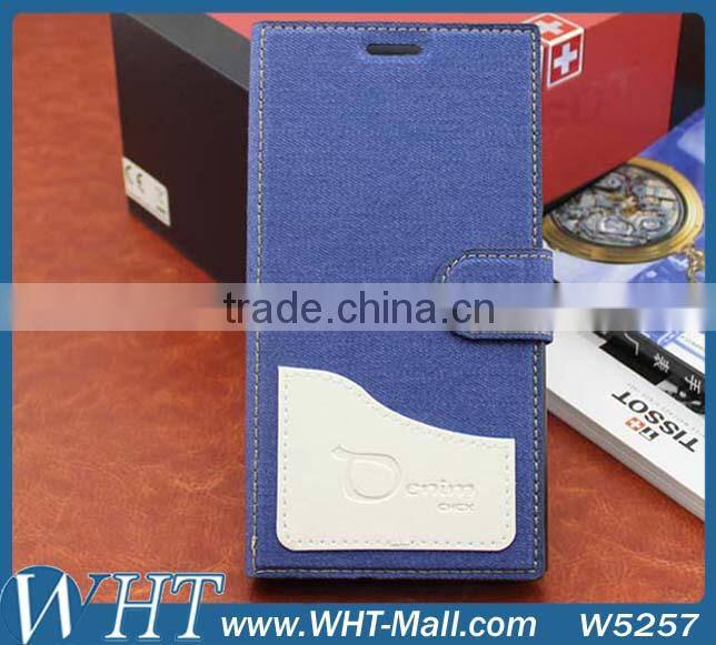 for XiaoMi Mi3 Wallet Stand Cover Folio Jeans Leather Case with Built-in Card Slot Factory Price