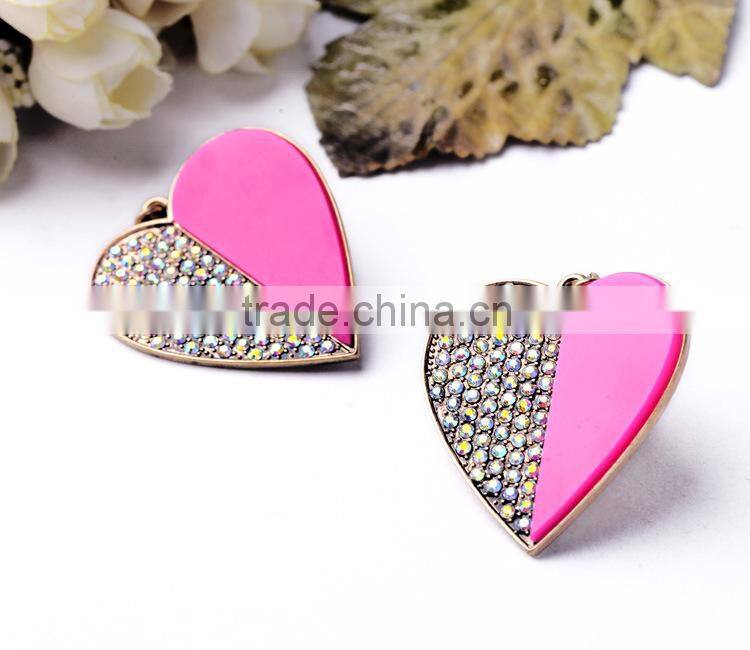 Exaggerated personality pave rhinestone crystal Lovely heart-shaped pendant earrings