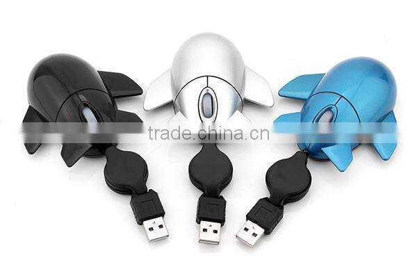 aeroplane shaped wired optical mouse with retractable cable