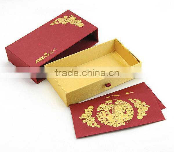Custom Logo Gold Stamping Drawer Fabric Fancy Paper Red Packet Box with Lid Ribbon