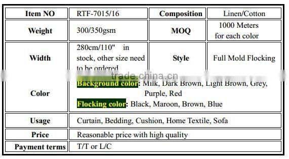 classic style bright color Spark design Linen Cotton flocked upholstery fabric used for curtain sofa cushion material