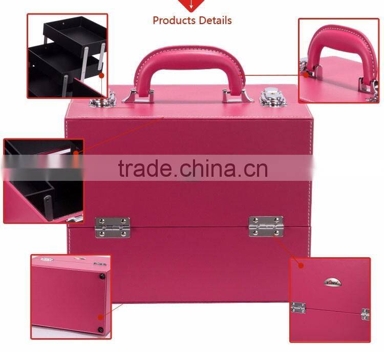 2016 new professional pvc leather makeup case red beauty box cosmetic organizer with 4 trays