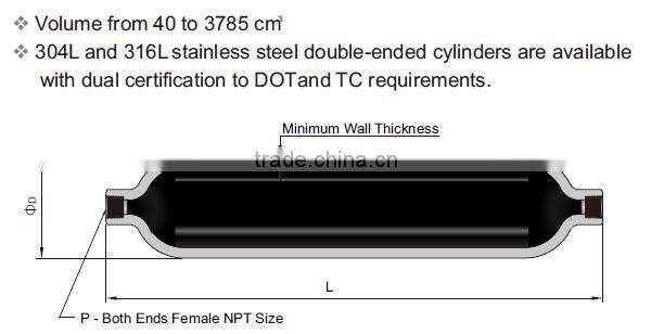 Stainless steel 316L 500 psi double ended 1/8" female NPT sample cylinders