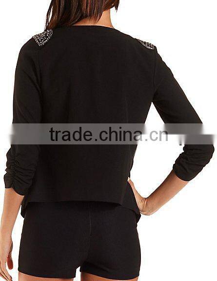 custom design elegant beaded shoulder open women blazer