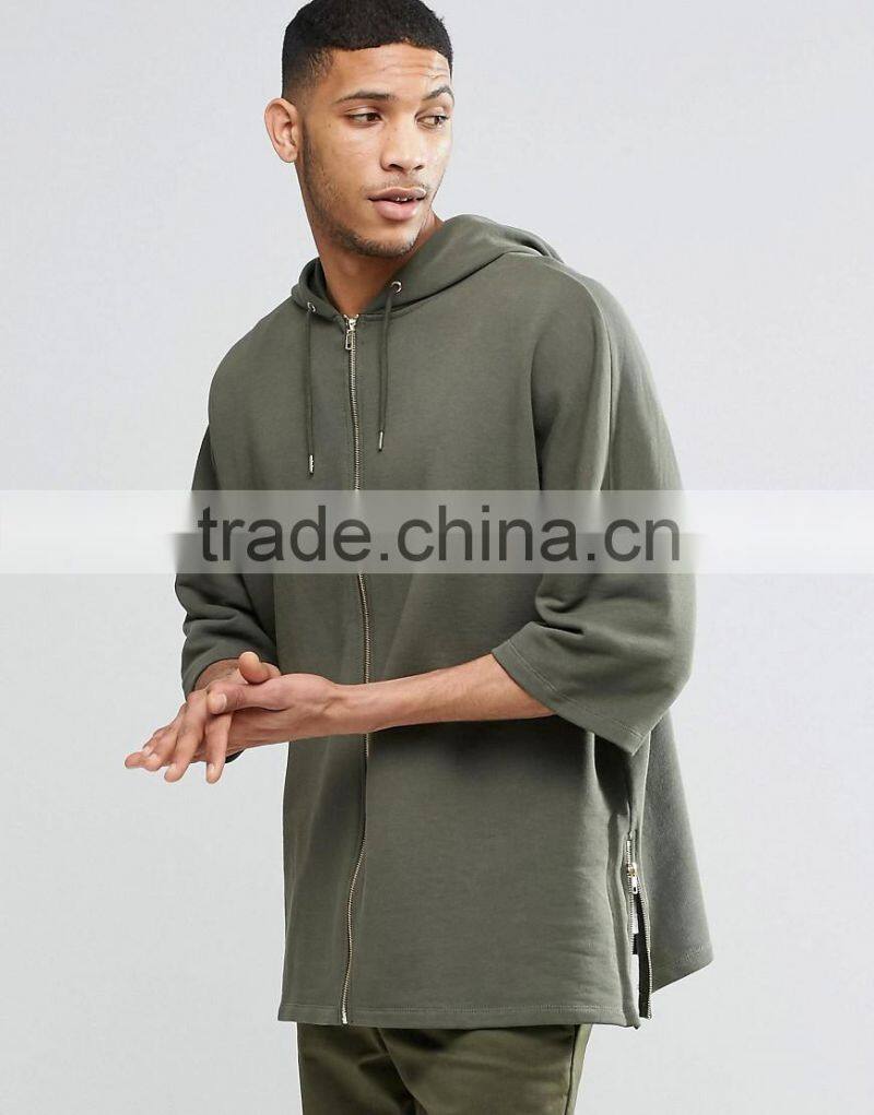 wholesale full zip 100% cotton with hood dark green men furcal hem oversized long hoodie