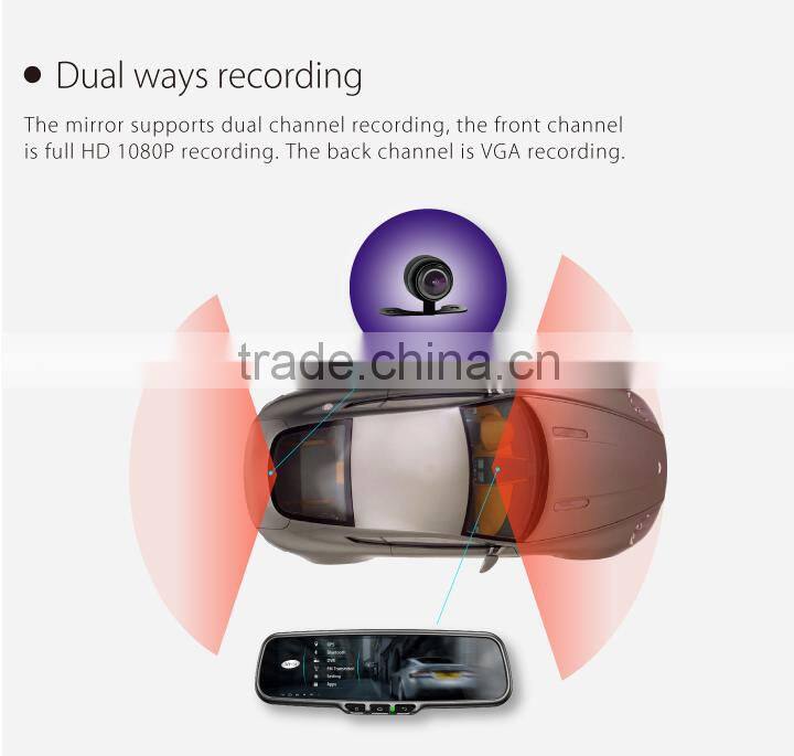 android gps mirror with bluetooth dual camera 1080p car dvr rearview, rear view mirror dash cam