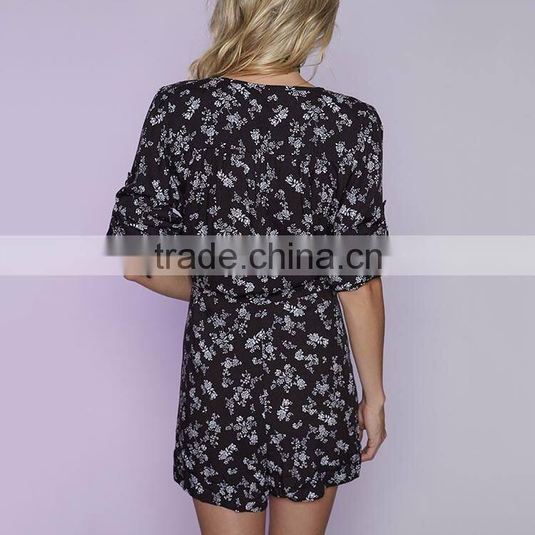 Wholesales clothing v neckline long sleeve silver print woman black jumpsuits