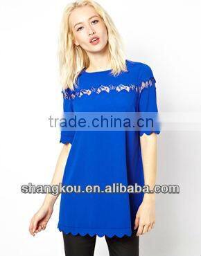 2013 high fashion design women summer chiffon top scalloped top lace insert top shkz74