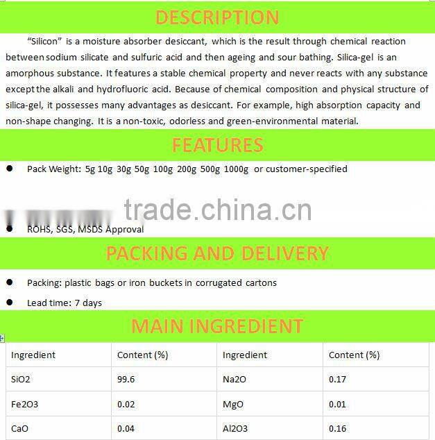 High Quality Silica gel Desiccantor and moisture absorber