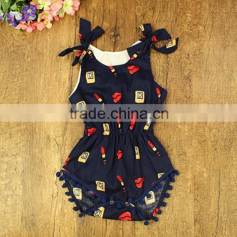 Wholesale Newborn infant baby clothes girl romper plain custom print navy dark blue onesie pom poms lipstick bubble rompers