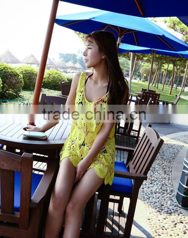 Hot Women Lace Crochet Sleeveless Swimwear Bikini Cover Up Beach Vest Dress Sexy Ladies One Piece Dress Yellow