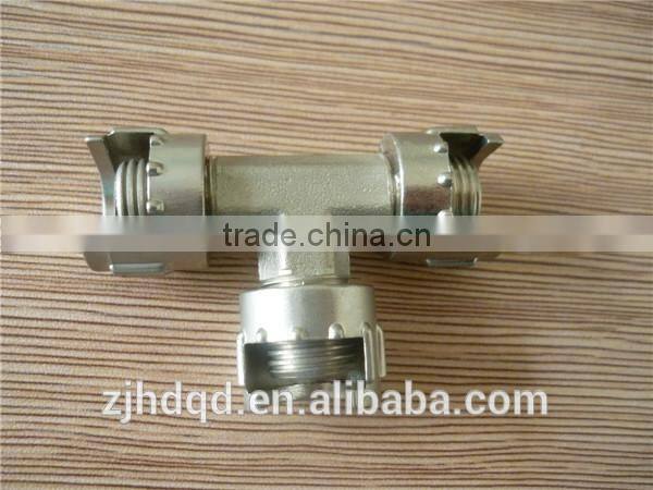 T-type connector with three milled nut (open nut ) ,high quality forged brass connector , bsp npt thread