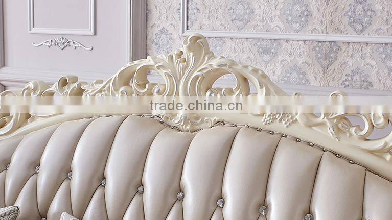 Living room sofa ivory color solid wood hand carved genuine leather 1+2+3 sofa set