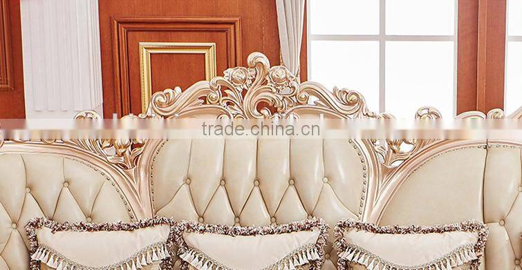 Champagne gold flower carving genuine leather sofa set