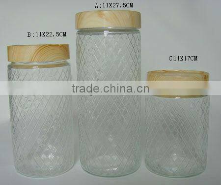 4 pcs clear cylinder diamond pattern glass jar wooden lid