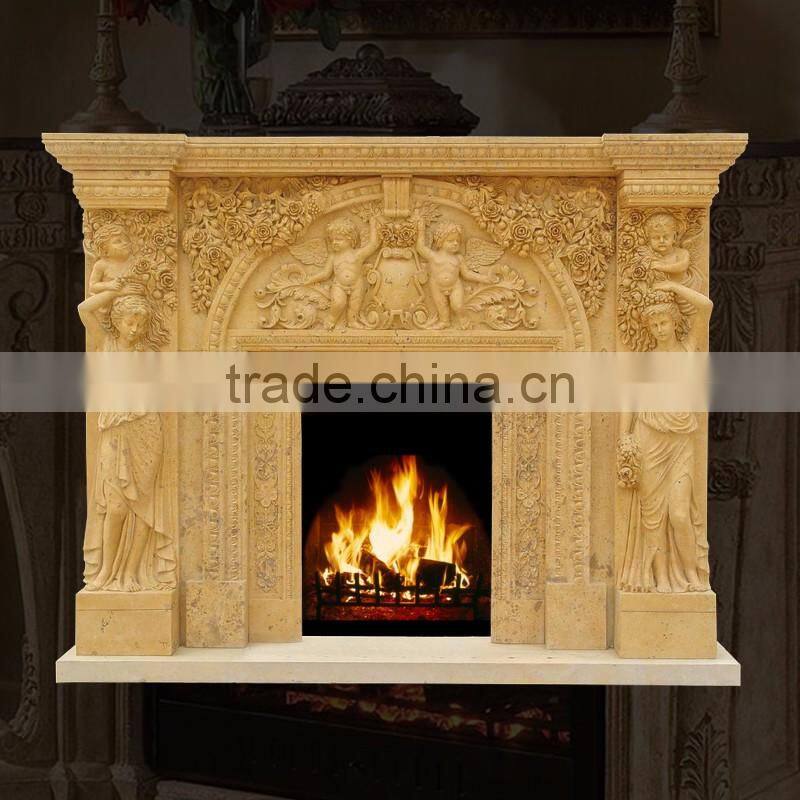 High quality luxury decoration woman and children angel marble fireplace