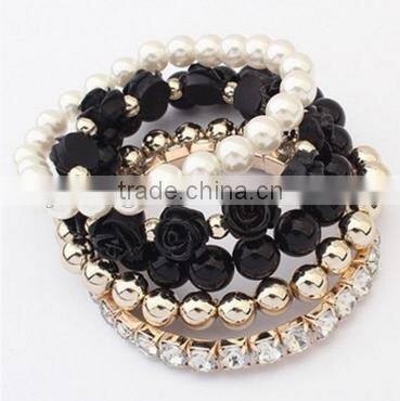 2016 Trendy Fashion Candy Color Pearl Rose Flower Multilayer Charm Bracelet & Bangle For Women Fashion Jewelry