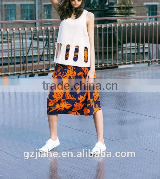 NEW Fashion Casual High Waisted A -line skirt printed women dress +hollow-out hem sleeveless tops