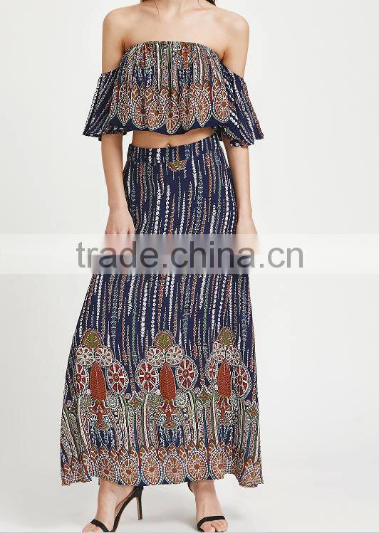 Multicolor vintage print off shoulder two piece set boho ruffle top and long skirt