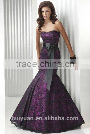purple black lace strapless mermaid full length party dress