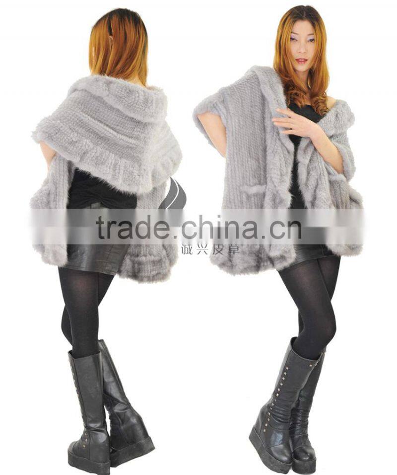 CX-B-M-15 Ladies Latest kintted Real Mink Fur Woman Fashion Black Fur Shawl