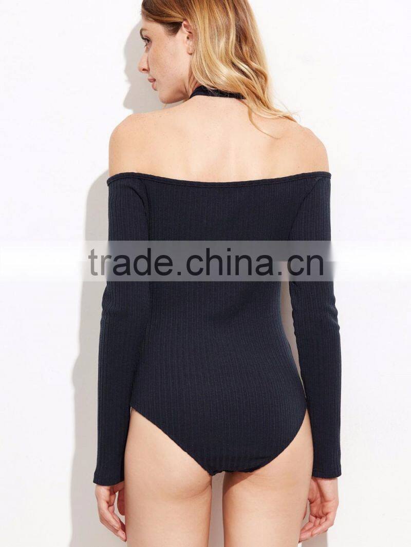 Navy Keyhole Cross Halter Neck Ribbed Bodysuit Cotton Spandex Long Sleeve Sexy Lady Sweater Bodysuit