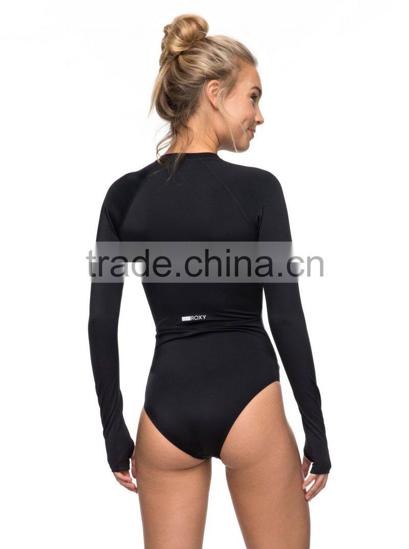 Long Sleeve Zipped Rashguard One Piece Crew Neckline Front Zip Swimsuit Custom Bodysuit Polyester Spandex Stretchy Material