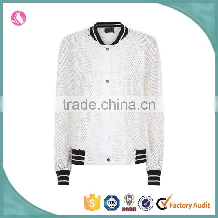 2016 ladies custom cheap black polyester mesh fabric plain varsity jacket wholesale
