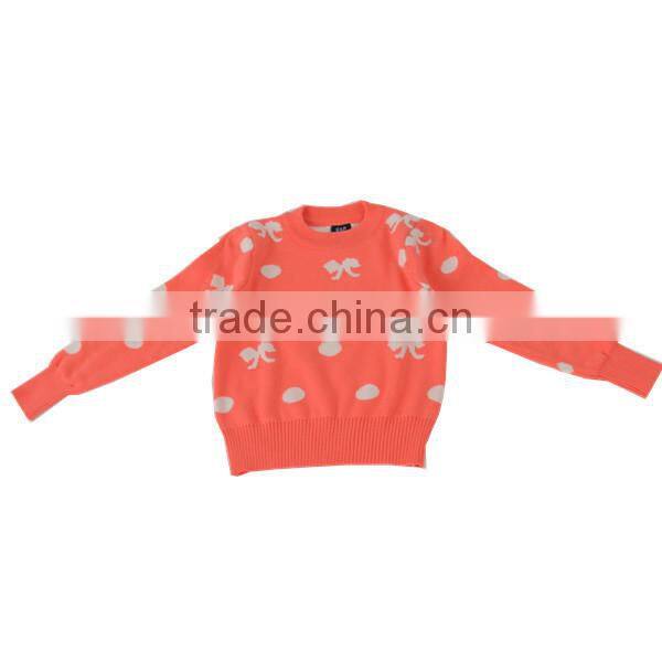 2014 Spring girl's allover jacquard bowknot and polka dot pattern pullover sweater