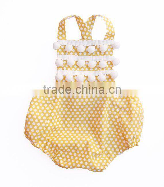 Wholesale Baby Clothing Yellow Polka Dot Kid's Romper With Pom Pom Trim Girls Boho Bubble