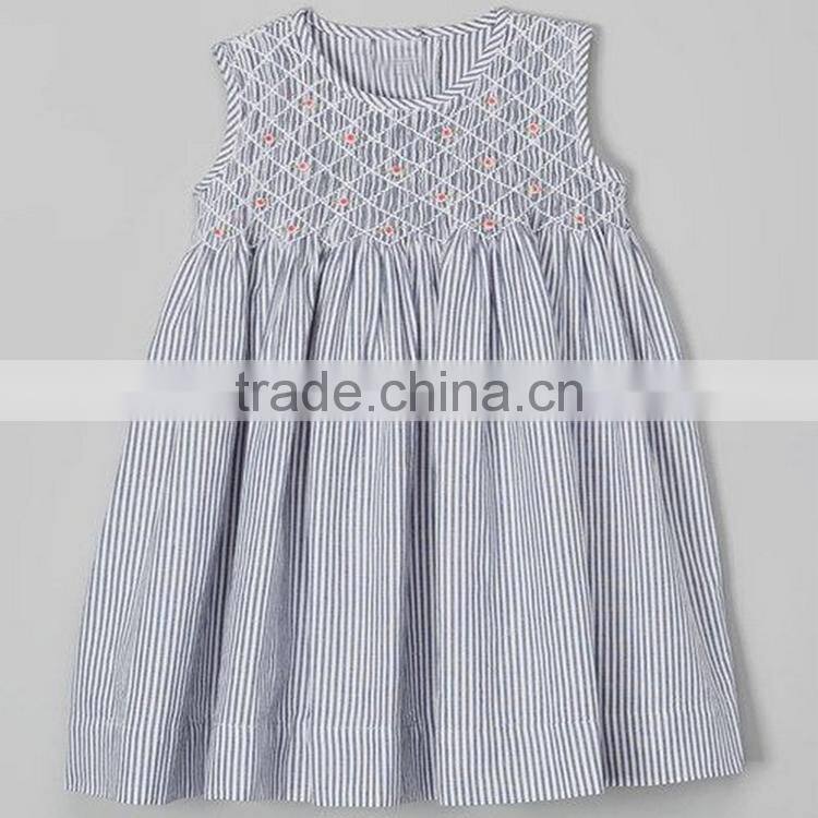 Woven cotton stripe smocked sleeveless girl dress
