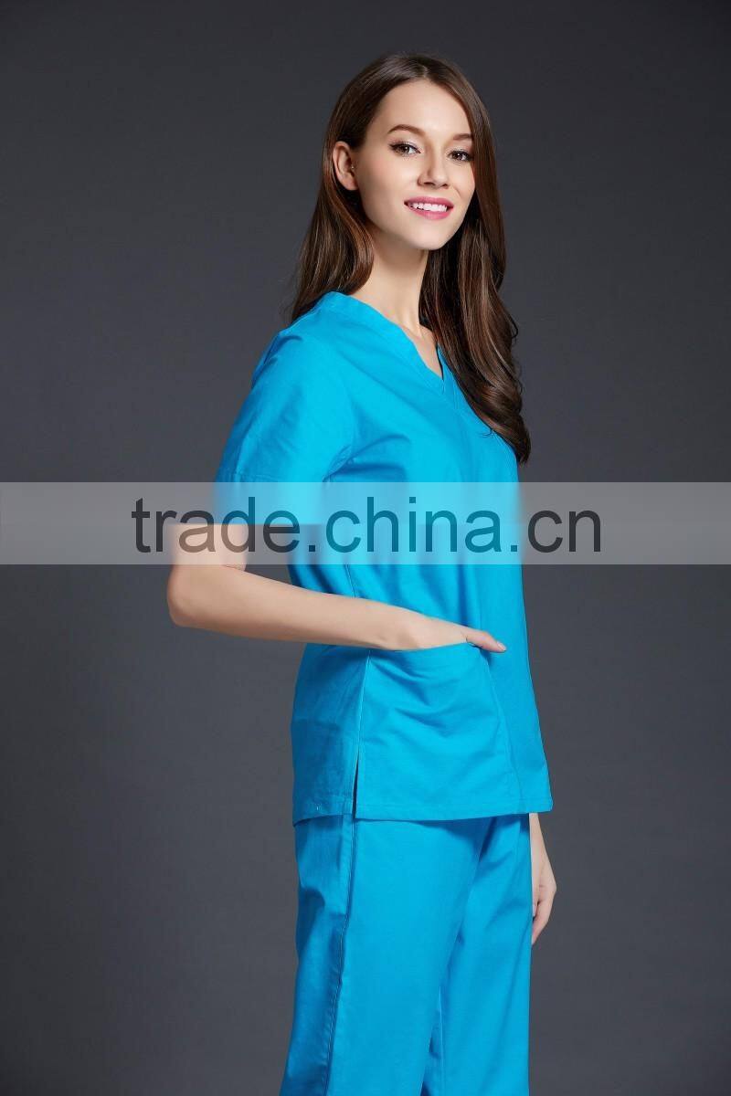Juqian 2016 hospital wear cotton/polyester V neck design nursing nurse uniforms set