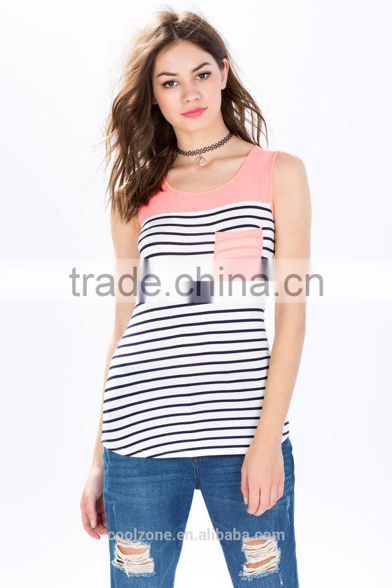 Hot selling sleeveless strips kinited pocket front clip back lady blouse