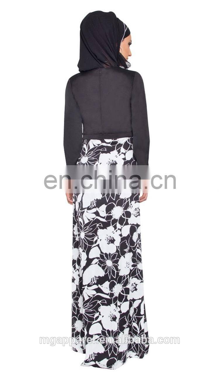 latest fashion muslim women formal dress black and white floral print dress muslim long sleeve maxi dress with wrap scarf