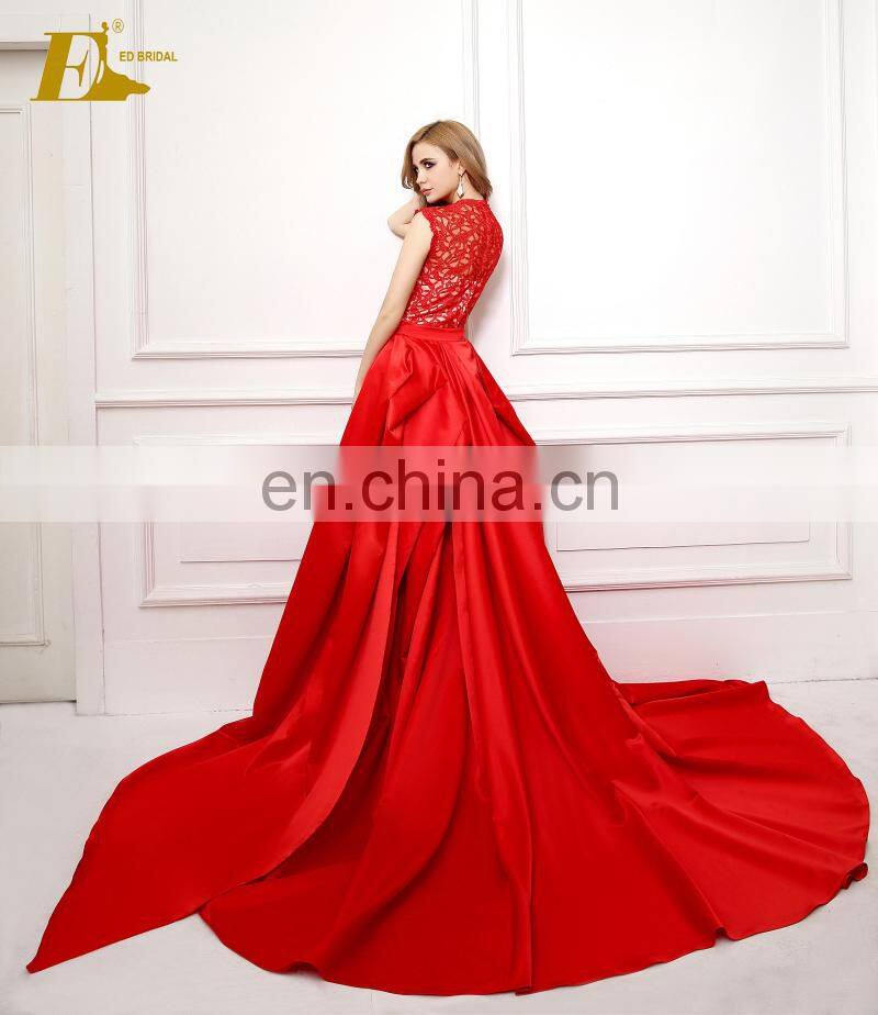 2017 Hot Sale Red Long Prom Dress Lace With Detachable Train