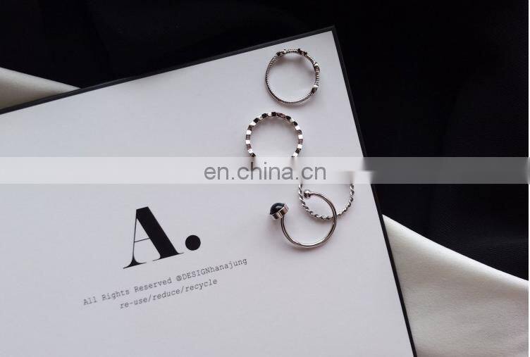 4PCS/Set Fashion Jewelry Black Bead Ripple Hollow Silver Rings For Women Knuckle Joint Ring Set