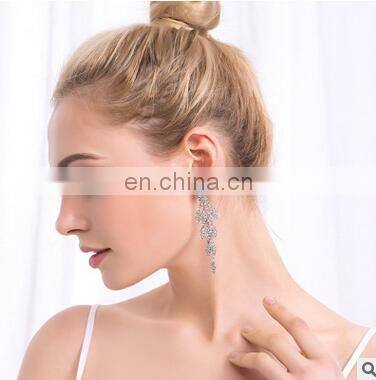 Vintage Long Silver Earrings for Women Crystal Leaf Wedding Earrings for Brides Big Party Earrings