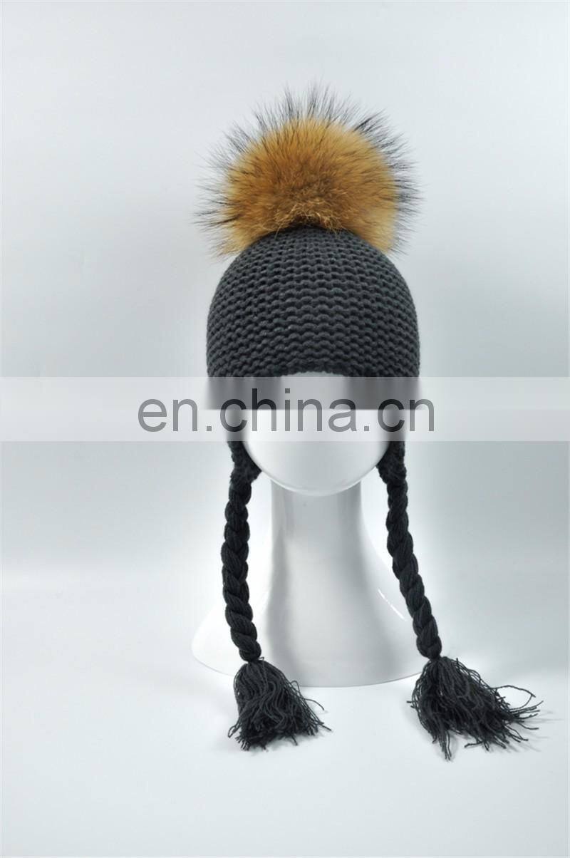 High Quality Knitted Beanies Colorful Big Raccoon Fur Pom Pom Winter Hat Beanie Kids