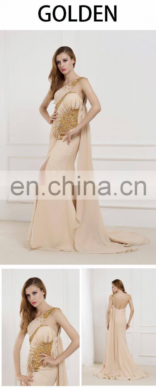 C5046 One shoulder beaded Side slit chiffon Sexy pakistani bridal dress