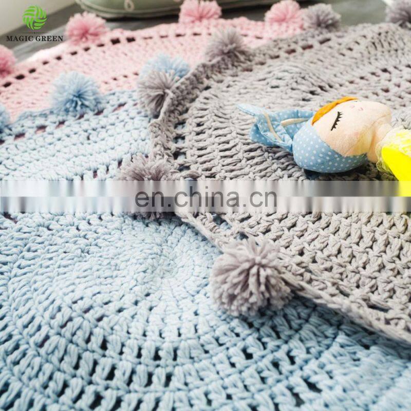 wholesale cotton round shape pom pom decor hand crochet baby kids living room floor game area large nursery rug mat blankets