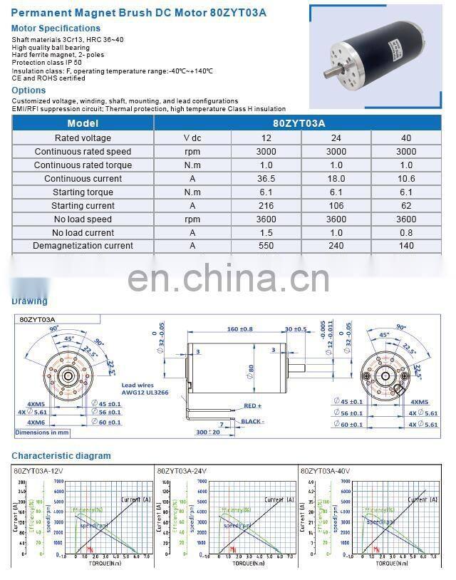 Dia.80mm high torque 24v 250W dc motor rated 3000rpm