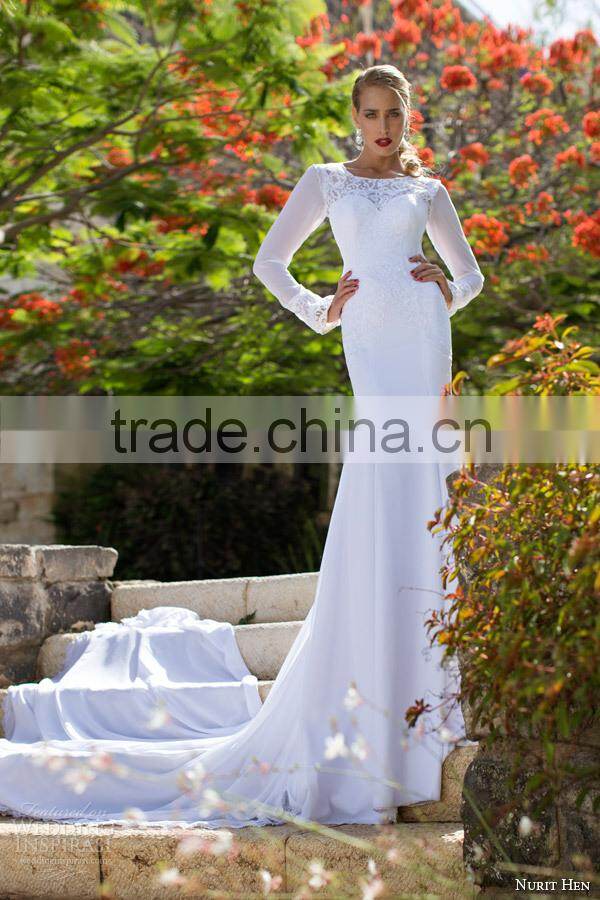 2015 Latest Open Back Long Sleeve White Lace Long Train Wedding Dress