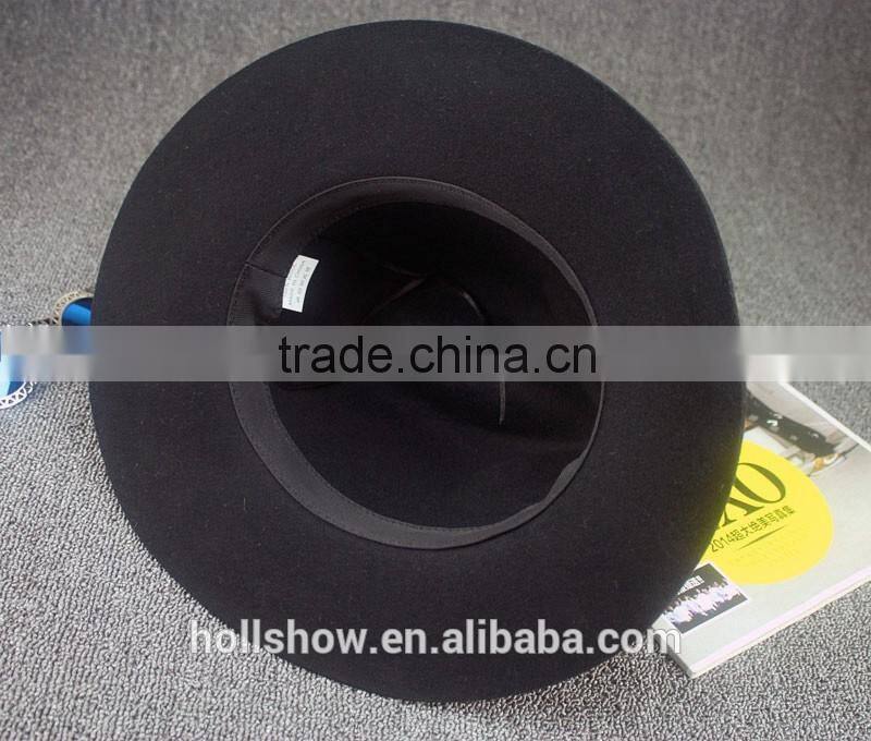 Link Chain Ribbon Decorated Wide Brim Jaz Vintage Wool Felt Man Fedora Hat